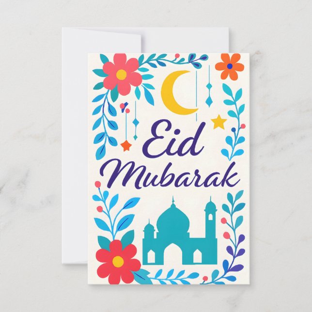 Convites Eid Mubarak - Colorful for Kids Mosque Flowers (Frente)