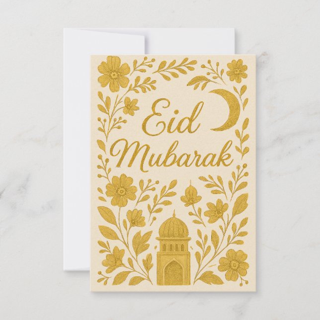 Convites Eid Mubarak - Flores Brancas e Douradas da Mesquit (Frente)
