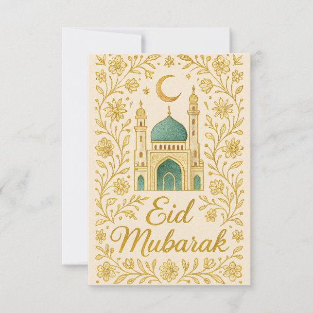 Convites Eid Mubarak - Flores da Mesquita Branca e Dourada (Frente)