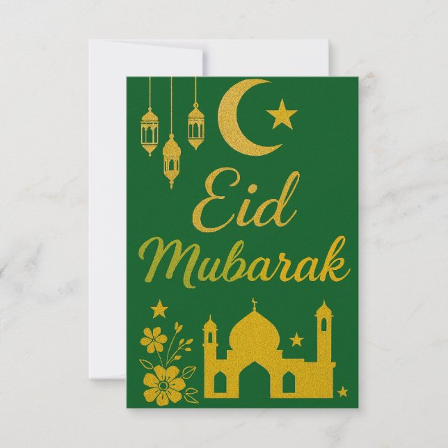 Convites Eid Mubarak - Flores da Mesquita Verde e Dourada (Frente)