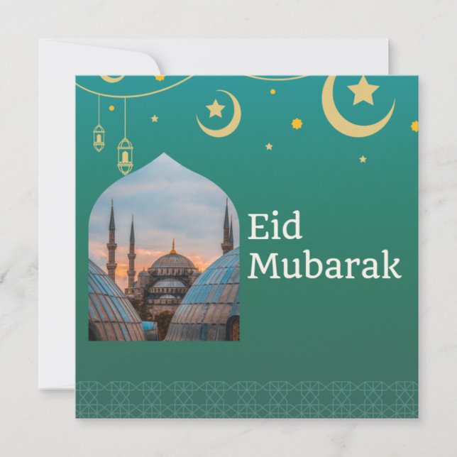 Convites Eid Mubarak Verde e Azul com Texto Personalizável (Frente)