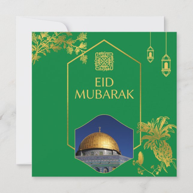 Convites Eid Mubarak Verde e Dourado com texto personalizáv (Frente)