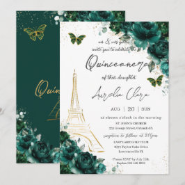 Convites Eiffel Paris Quinceañera Emerald Green Floral