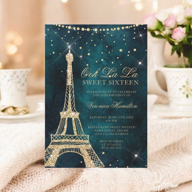 Convites Eiffel torre de dourado brilhante Doce 16 (Eiffel tower teal gold glitter sparkle Sweet 16 Invitation)