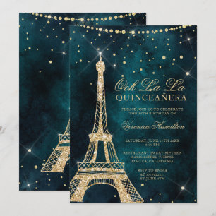 Convites Eiffel torre-de-ouro-relva-relva quinceanera