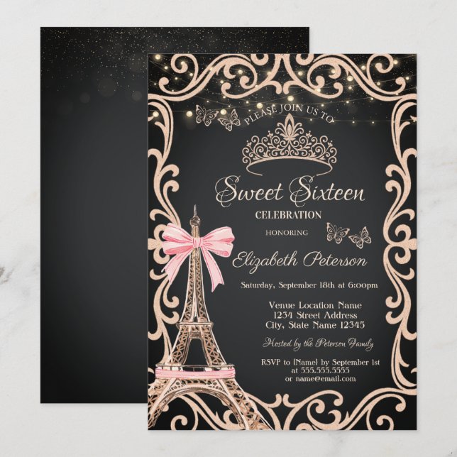 Convites Eiffel Tower Bow Frame Dress Butterfly Sweet 16 (Frente/Verso)