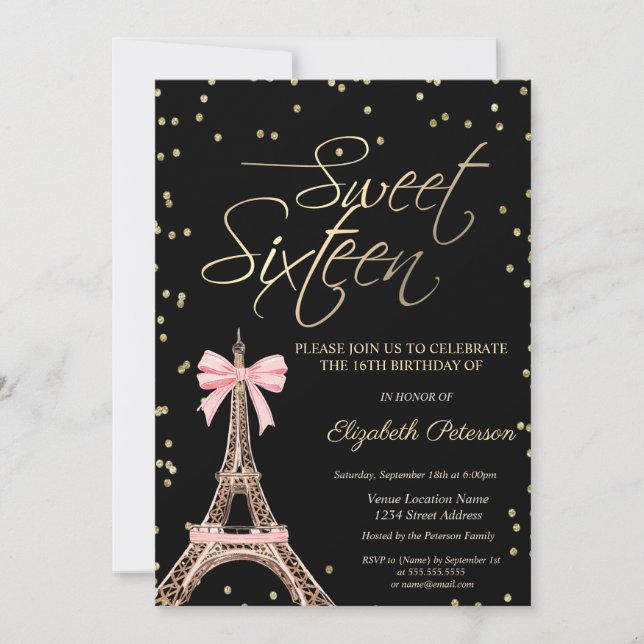 Convites Eiffel Tower Bow Gold Diamonds Black Sweet 16  (Frente)