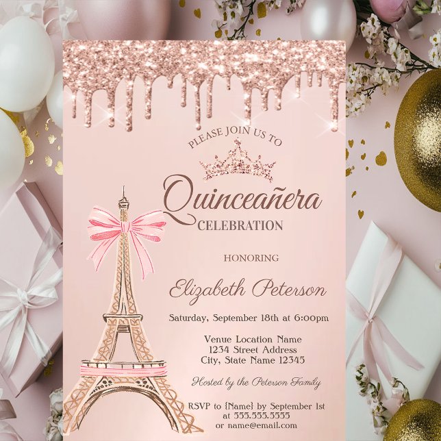 Convites  Eiffel Tower,Bow Rose Gold Drips Quinceañera  (Criador carregado)