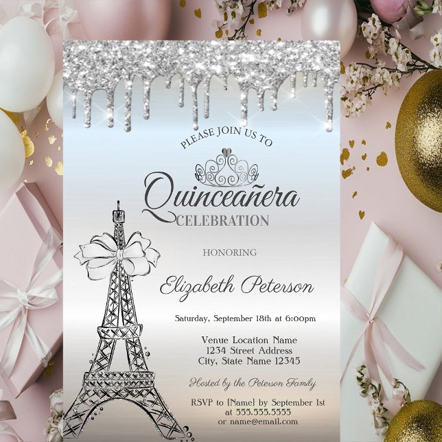 Convites Eiffel Tower,Bow,Tiara,Drips Silver Quinceañera (Criador carregado)