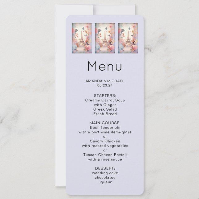 Convites  Eiffel Tower Butterflies and Flowers Menu (Frente)