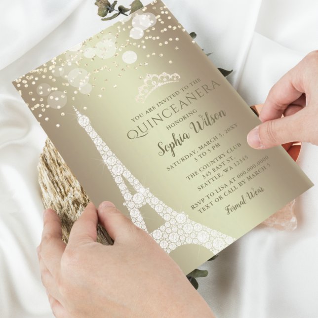 Convites Eiffel Tower Dourado Sparkle Glitter Quinceañera (Criador carregado)