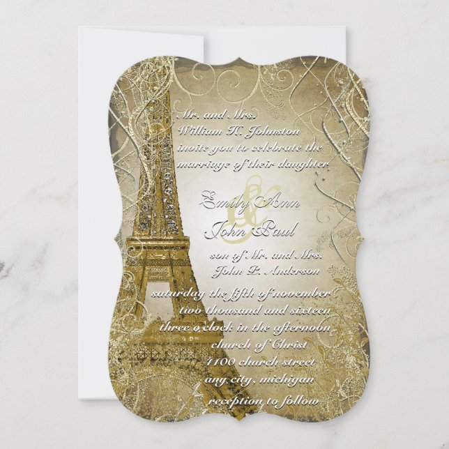 Convites Eiffel Tower Dourado Swirl deixa Dourado metálico  (Frente)