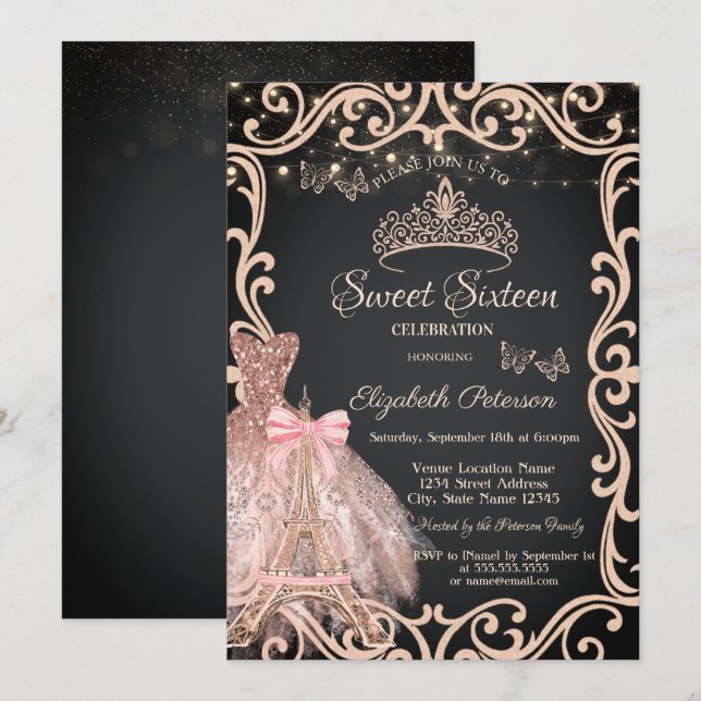 Convites Eiffel Tower Frame Dress Glitter Butterfly  (Frente/Verso)