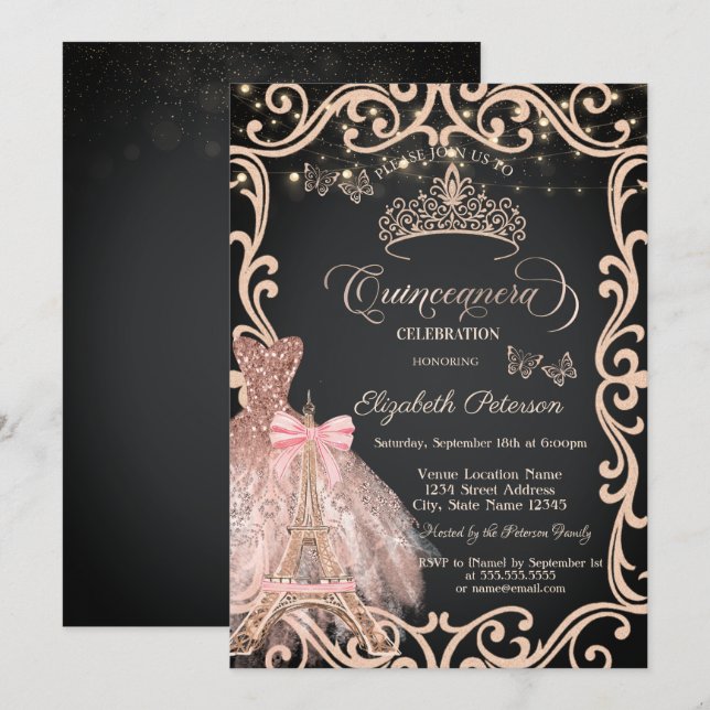 Convites Eiffel Tower Frame Dress Glitter Butterfly  (Frente/Verso)