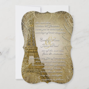 Convites Eiffel Tower Gold Swirl Leaves Burnt Gold Metallic