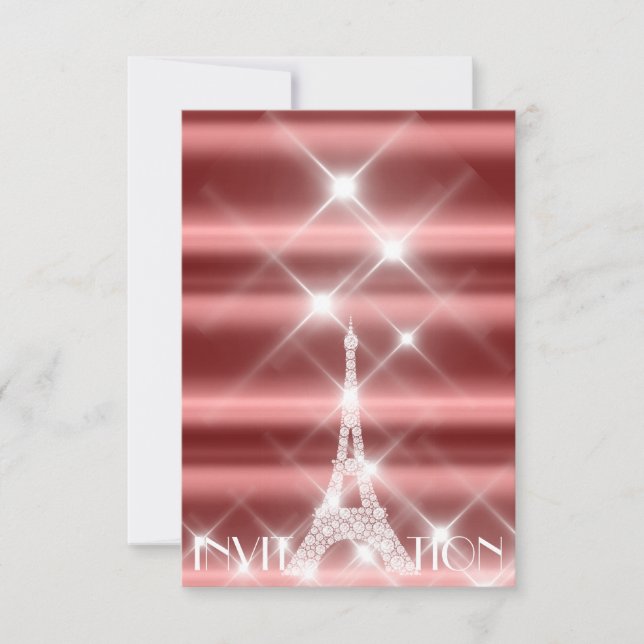 Convites Eiffel Tower Paris Sparkly Stars Burgundy Diamond (Frente)
