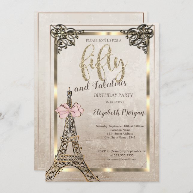 Convites Eiffel Tower,Pink Bow Border 50th Birthday Party  (Frente/Verso)