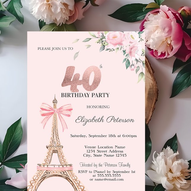 Convites Eiffel Tower Pink Bow Flowers 40th Birthday (Criador carregado)