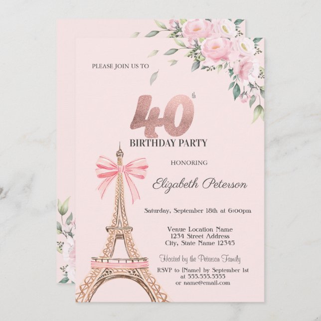 Convites Eiffel Tower Pink Bow Flowers 40th Birthday (Frente/Verso)