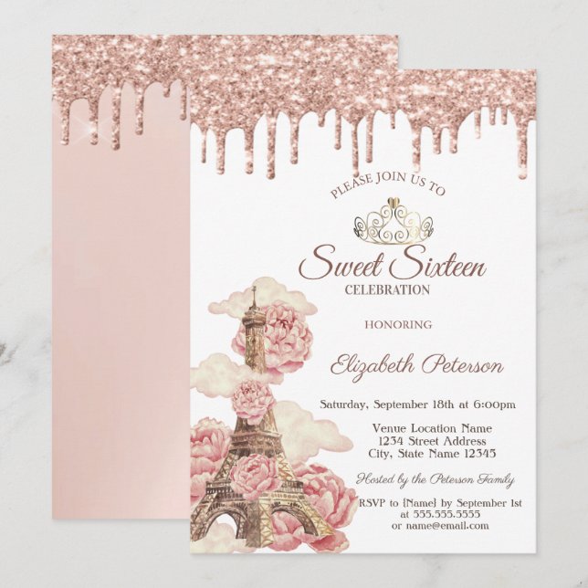 Convites Eiffel Tower  Rose Gold Glitter Drips Sweet 16 (Frente/Verso)