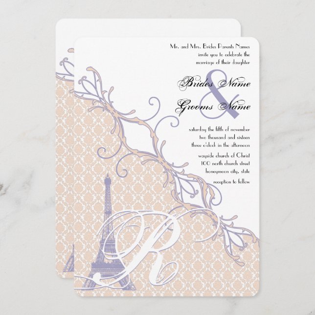 Convites Eiffel Tower Vintage Damask Silver Peony Lavanda (Frente/Verso)