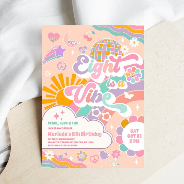 Convites Eight Is A Vibe Sun Rainbow Disco 8th Birthday  (Criador carregado)