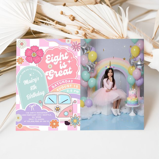 Convites  Eight is Great Rainbow Daisy Birthday (Criador carregado)