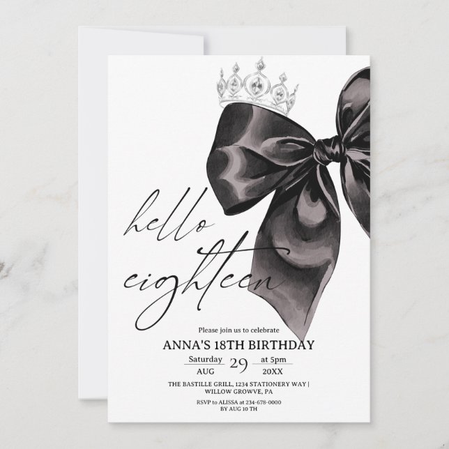 Convites Eighteen Black Bow 18th Birthday Invitation (Frente)