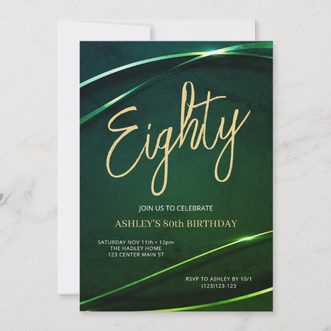 Convites Eighty Emerald Green and Gold 80th Birthday (Frente)
