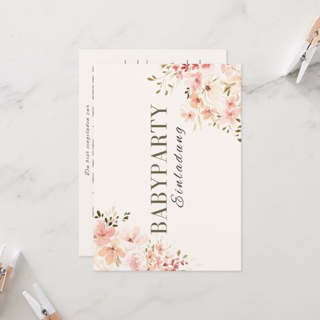 Convites Einladung Babyparty – Rosa Blumen Babyshower (Frente/Verso In Situ)