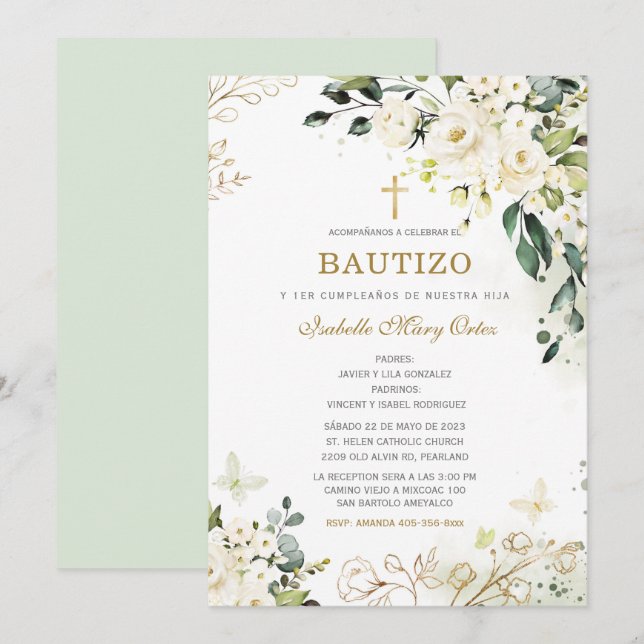 Convites El Bautizo y Primer Añito de nuestra hija (Frente/Verso)