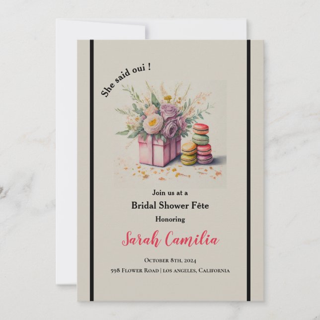 Convites Ela Disse Chá de panela Francês Oui Macaron (Frente)