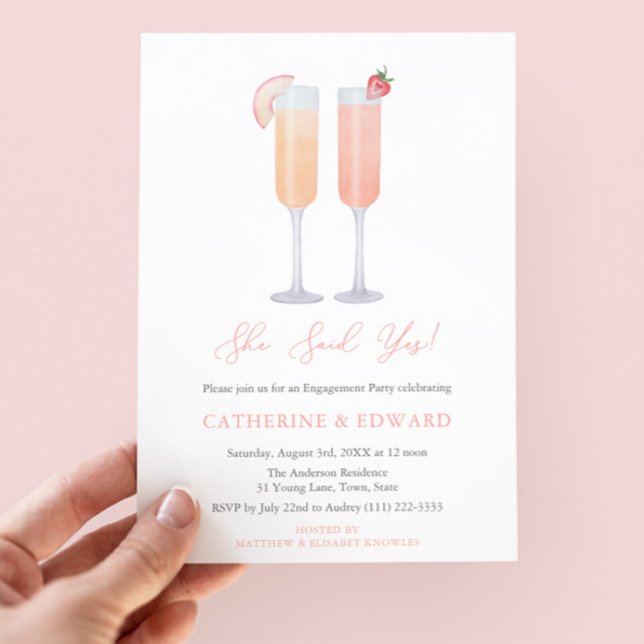 Convites Ela Disse Sim Festa de noivado Hora Do Coquetel (She Said Yes! Pretty watercolor bellini cocktails engagement party invitation in peach & strawberry)