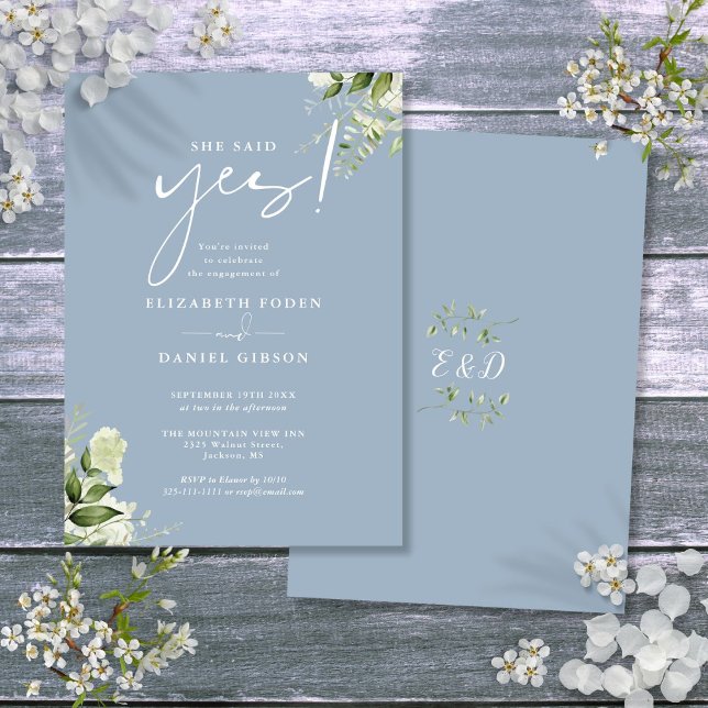 Convites Ela Disse Sim Floral Dusty Festa de noivado (She Said Yes Floral Dusty Blue Engagement Party Invitation)