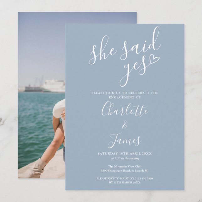 Convites Ela Disse Sim Foto Festa de noivado Dusty Blue (Frente/Verso)