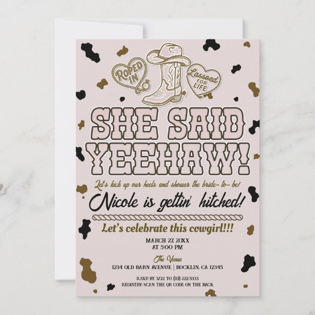 Convites Ela Disse Yeehaw Festa de Noivado Country Cow Rosa (Frente)