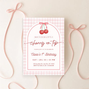 Convites Ela é a Cereja no Topo Gingham de 1º Aniversário