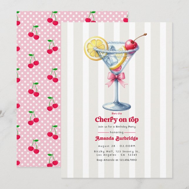 Convites Ela é a Cereja no Topo Martini de Aniversário Prép (Frente/Verso)