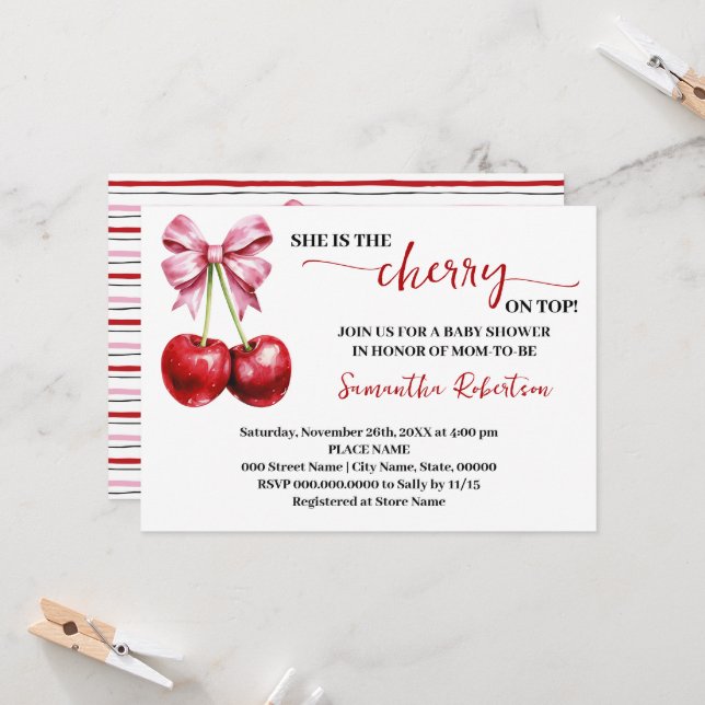 Convites Ela é a Cherry no Chá de fraldas de coquetes rosa  (Frente/Verso In Situ)