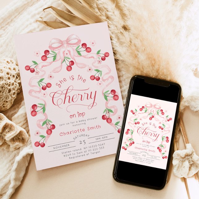 Convites Ela é a Cherry no Chá de fraldas rosa superior do  (Criador carregado)