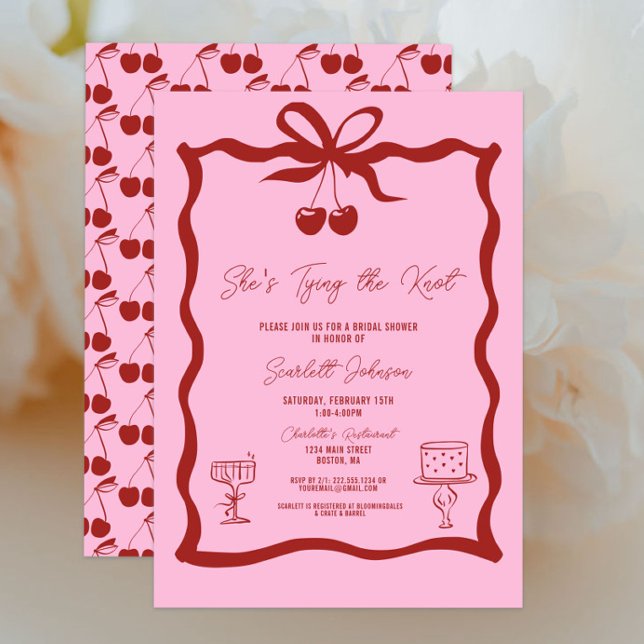 Convites Ela é Casando Arco de Cherry Red Chá de panela (Pink and Cherry Red She's Tying the Knot Bow Bridal Shower Invitations, Chic Trendy, Wavy, Cherries)