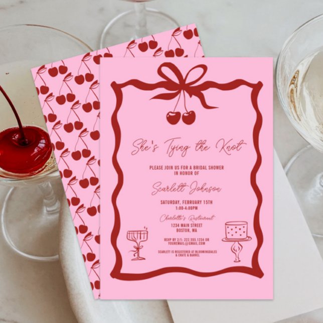 Convites Ela é Casando Arco de Cherry Red Chá de panela (Pink and Cherry Red She's Tying the Knot Bow Bridal Shower Invitations, Chic Trendy, Wavy, Cherries)