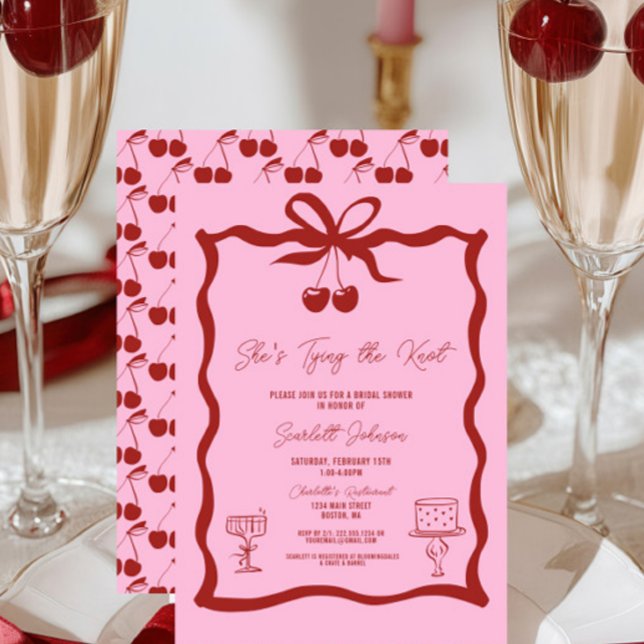 Convites Ela é Casando Arco de Cherry Red Chá de panela (Pink and Cherry Red She's Tying the Knot Bow Bridal Shower Invitations, Chic Trendy, Wavy, Cherries)