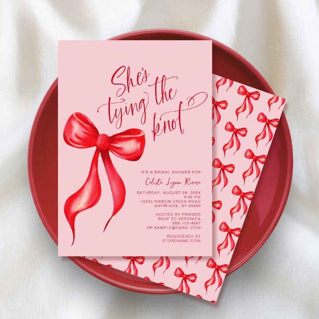 Convites Ela é Casando de Arco Vermelho Rosa (Shown on a 5" x 7" invitation)