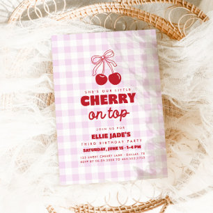 Convites Ela é Nossa Cereja no Topo de Gingham Rosa de Aniv