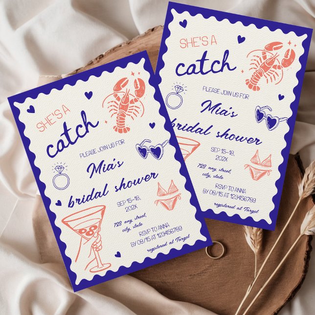 Convites Ela é uma captura Chuveiro de Noiva com Lagosta De (She's a catch lobster bridal shower invitation hand drawn unique whimsical coastal nautical beach)