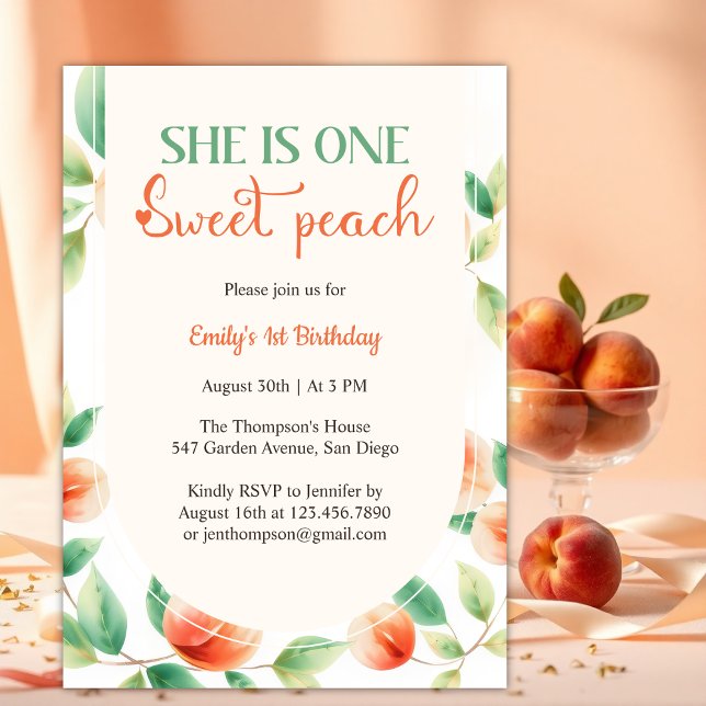 Convites Ela É Uma Menina Doce De Pessegueiro No Primeiro A (She Is One Sweet Peach First Birthday Party for Baby Girl Invitation)