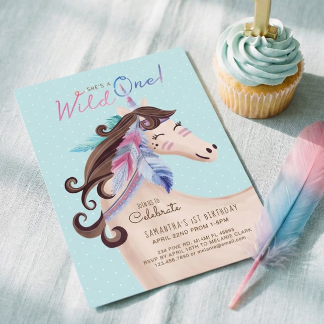 Convites Ela é uma selvagem tribal de aquarela (Pink Sweet Watercolor Unicorn Horse 1st Birthday Invitation)
