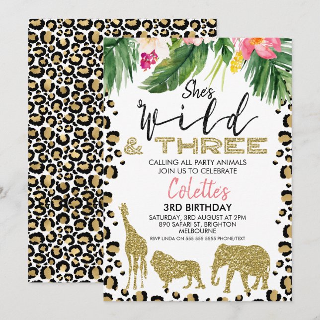 Convites Ela é Wild e Três Safari aniversário de 3 anos (Frente/Verso)