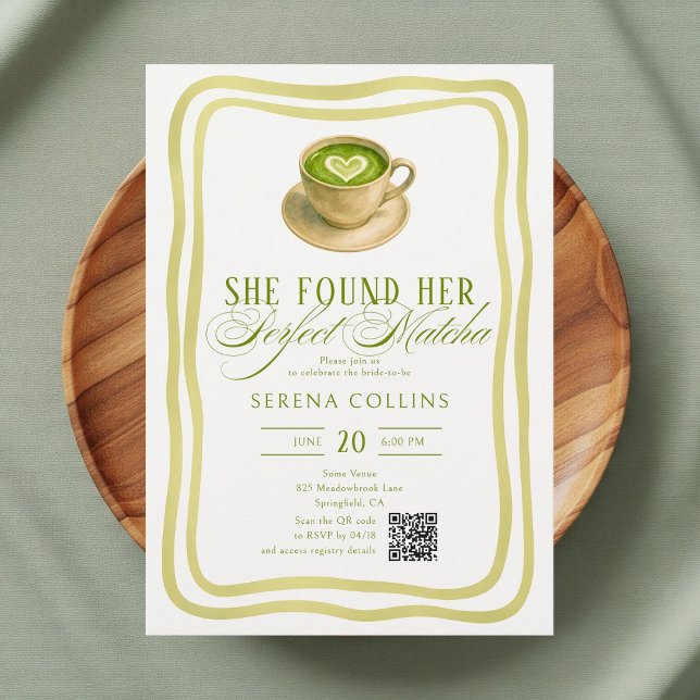 Convites Ela Encontrou O Código QR Do Chá de panela Matcha  (Criador carregado)